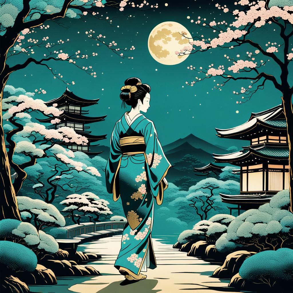Geisha in Moonlit Garden: Ukiyo-e Style