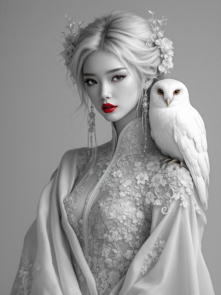 Monochrome Portrait of Noble Woman with Owl
