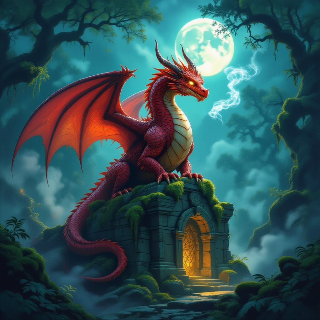 Majestic Red Dragon on Ancient Ruin