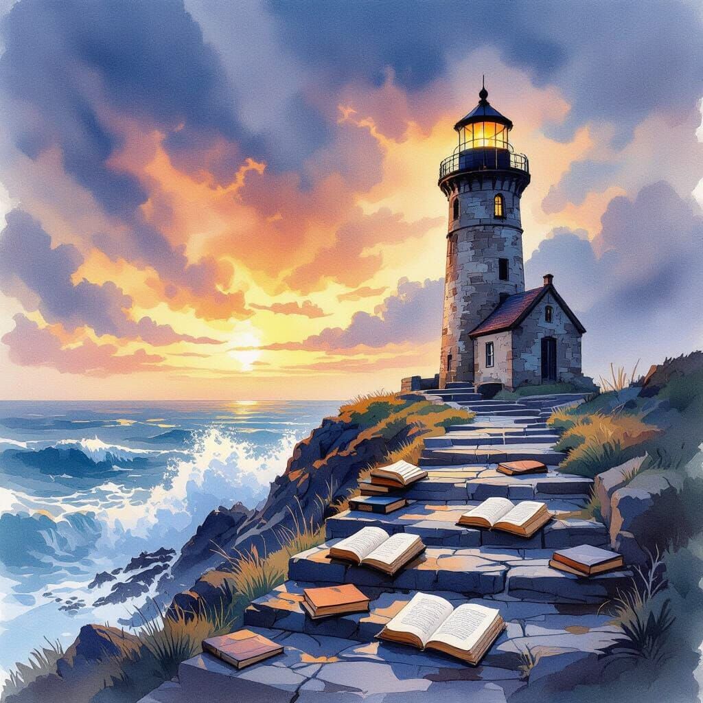 Ancient Lighthouse on Windswept Cliff in Watercolor Impressi...