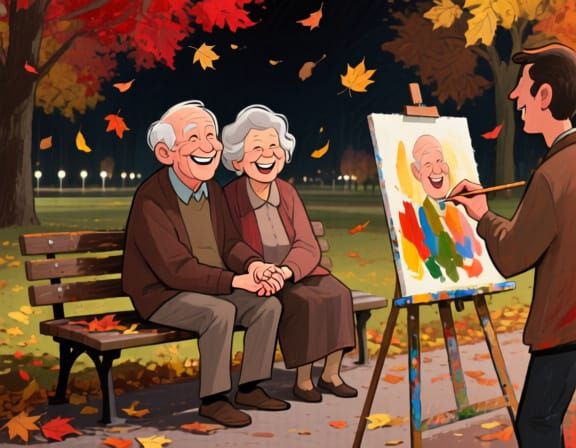 Impasto Caricature: Couple in Autumn Park at Night