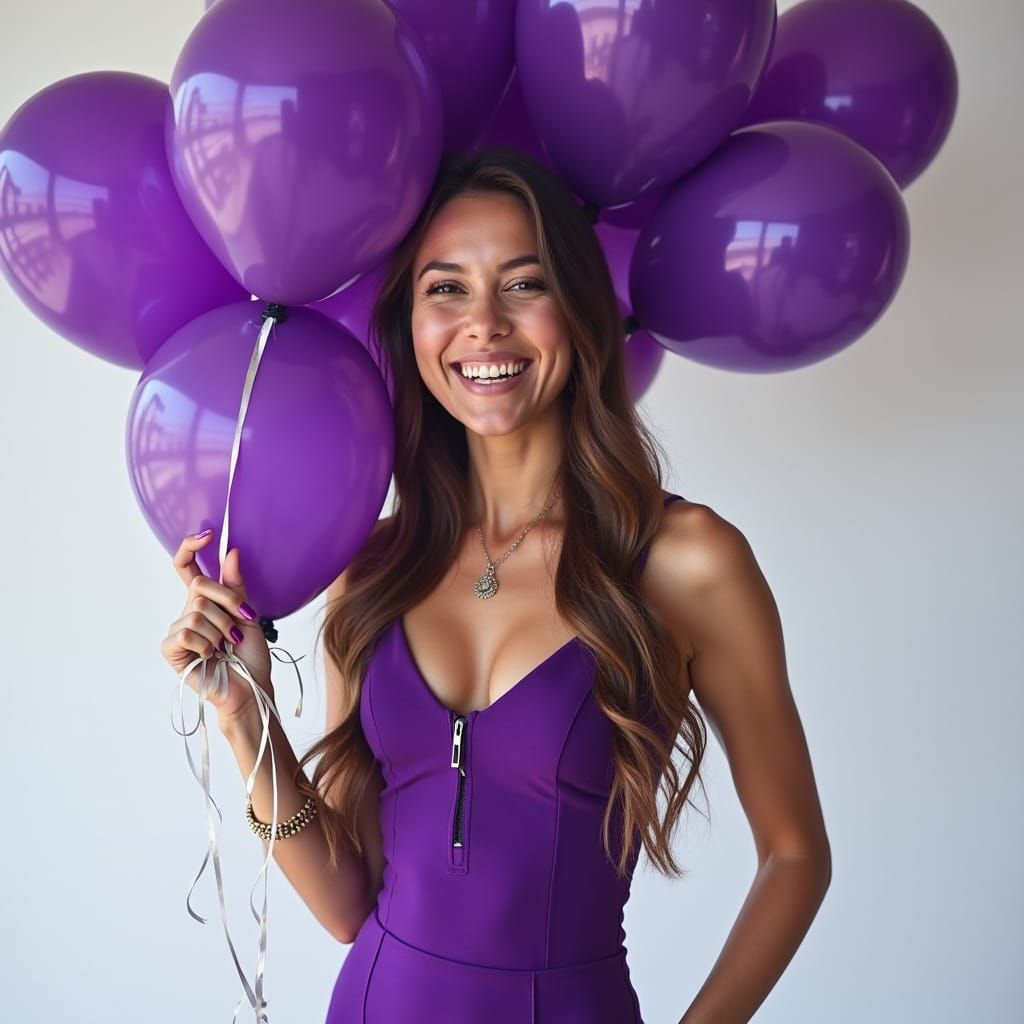 Latina Woman with Purple Balloons in Hyperrealistic Photo