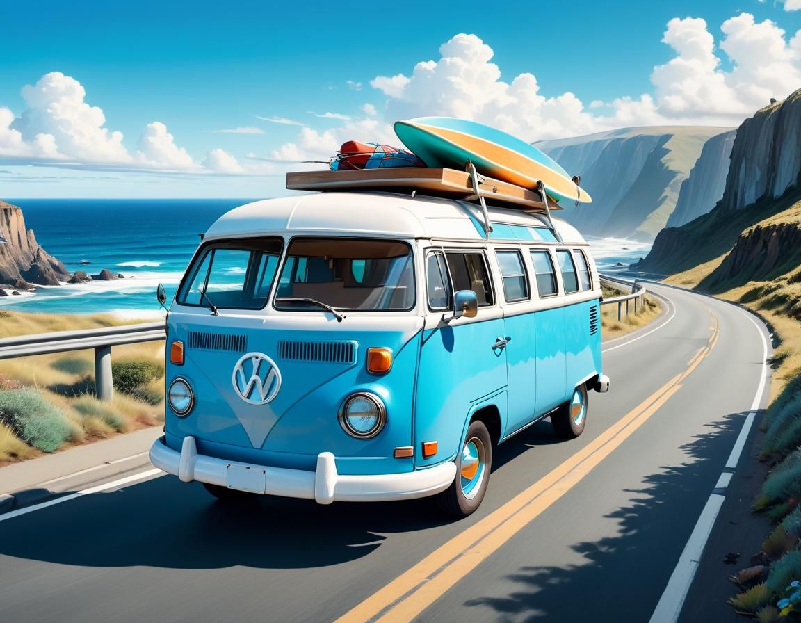 Retro Camper Van Surf Trip on Coastal Highway