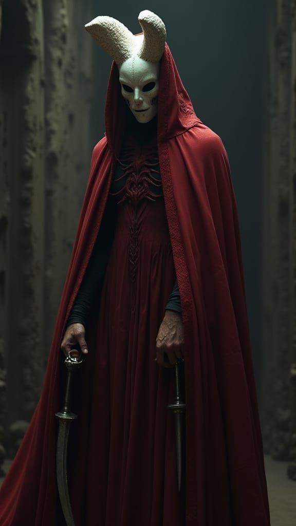 Mysterious Figure in Crimson Cloak with Horned Mask