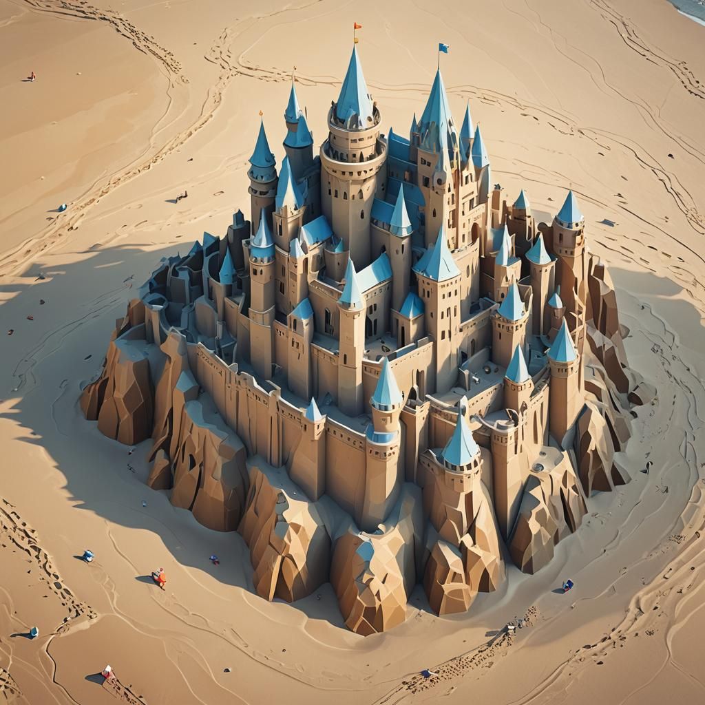 Miniature Sandcastle of Minas Tirith: Low-Poly Digital Art