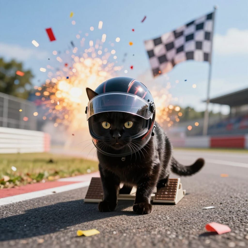 Black Cat Ready for Race Start in Photorealistic Style