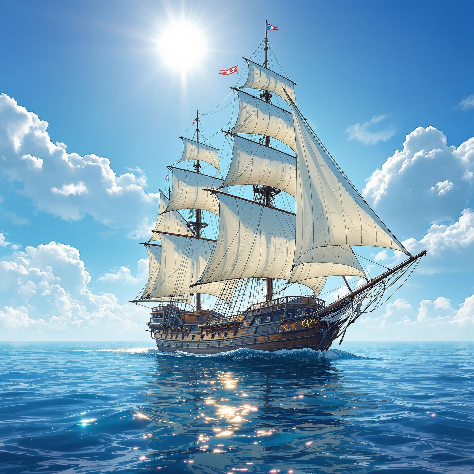 Sailing Ship in Radiant Skies with Billowing Sails and Woode...