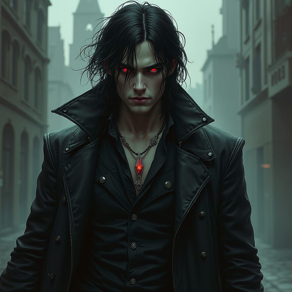 Dark Fantasy Vampire in Gothic Cityscape, in the Style of Br...