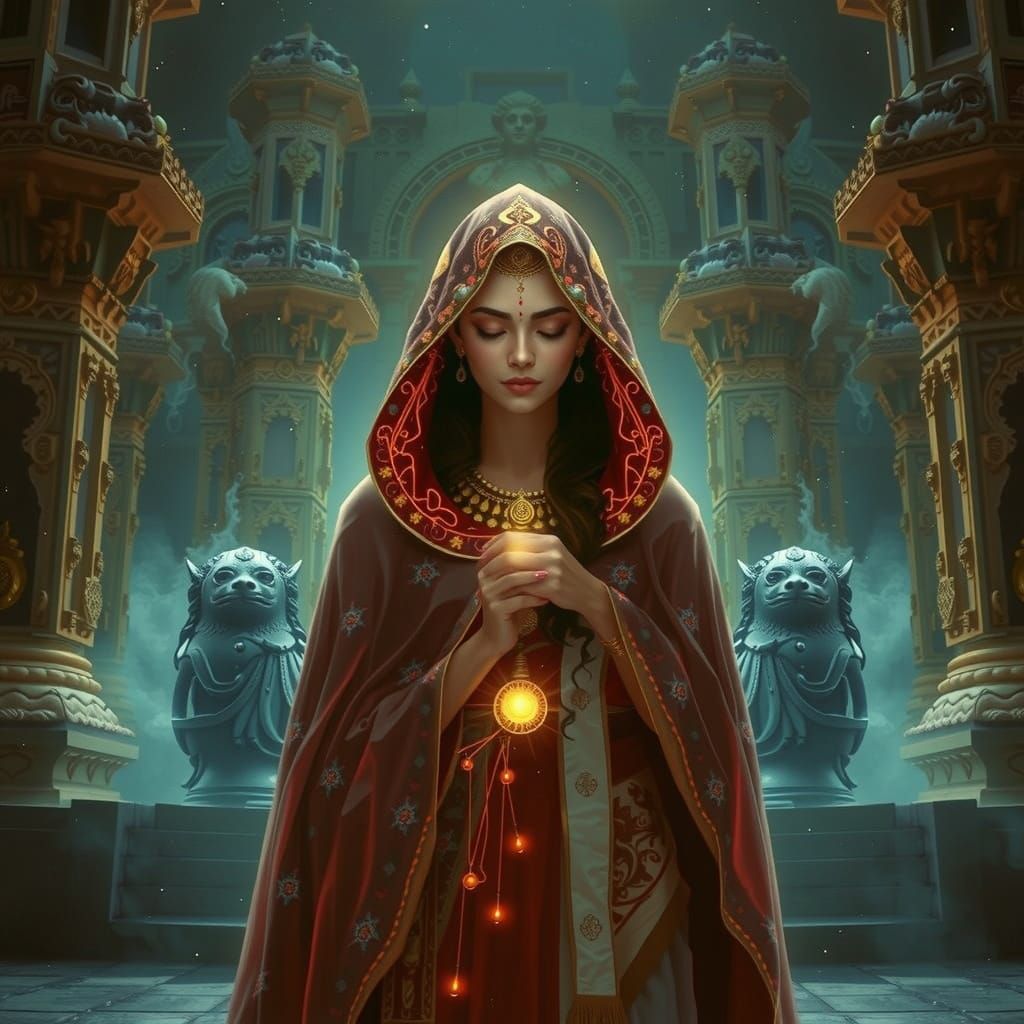 Ethereal Goddess in Vijayanagara Temple Gates, Shrouded in P...