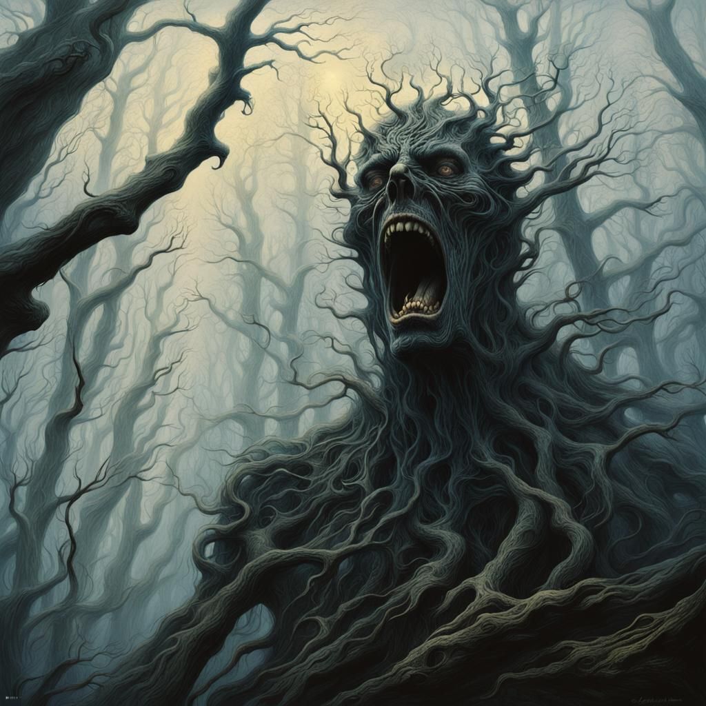 Screaming Banshee in Dark Woods, Hyperrealistic Fantasy