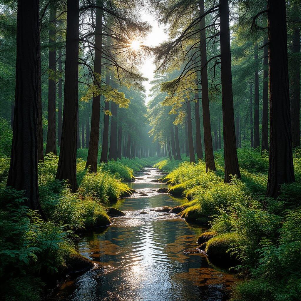 Hyperrealistic Pine Forest with Meandering Stream