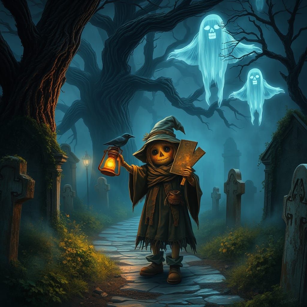 Eerie Scarecrow Walks Cemetery Path in Beksiński Style