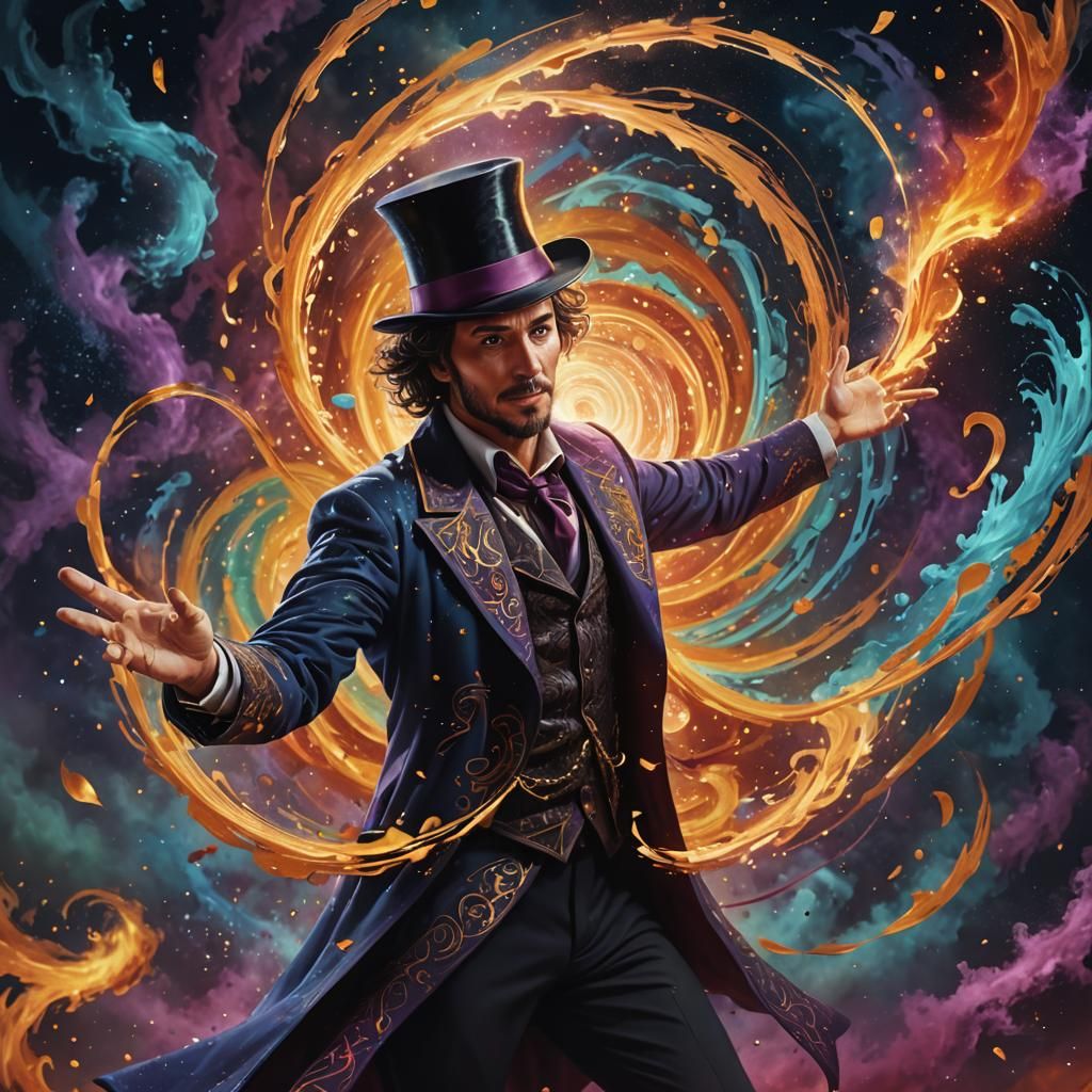 Magician Casting Spells in Mystical Cosmic Swirl