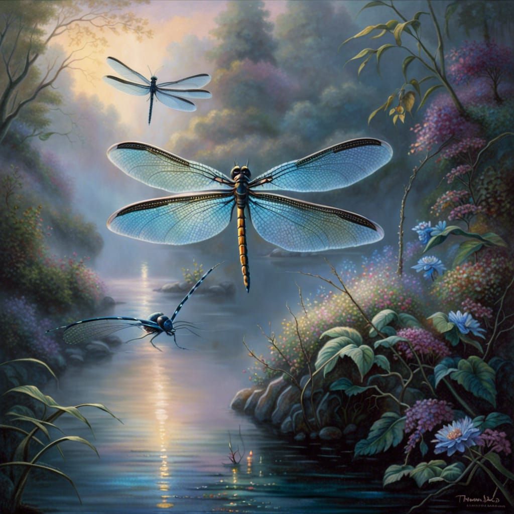 Ethereal Dragonflies in Glistening Fantasy Landscape