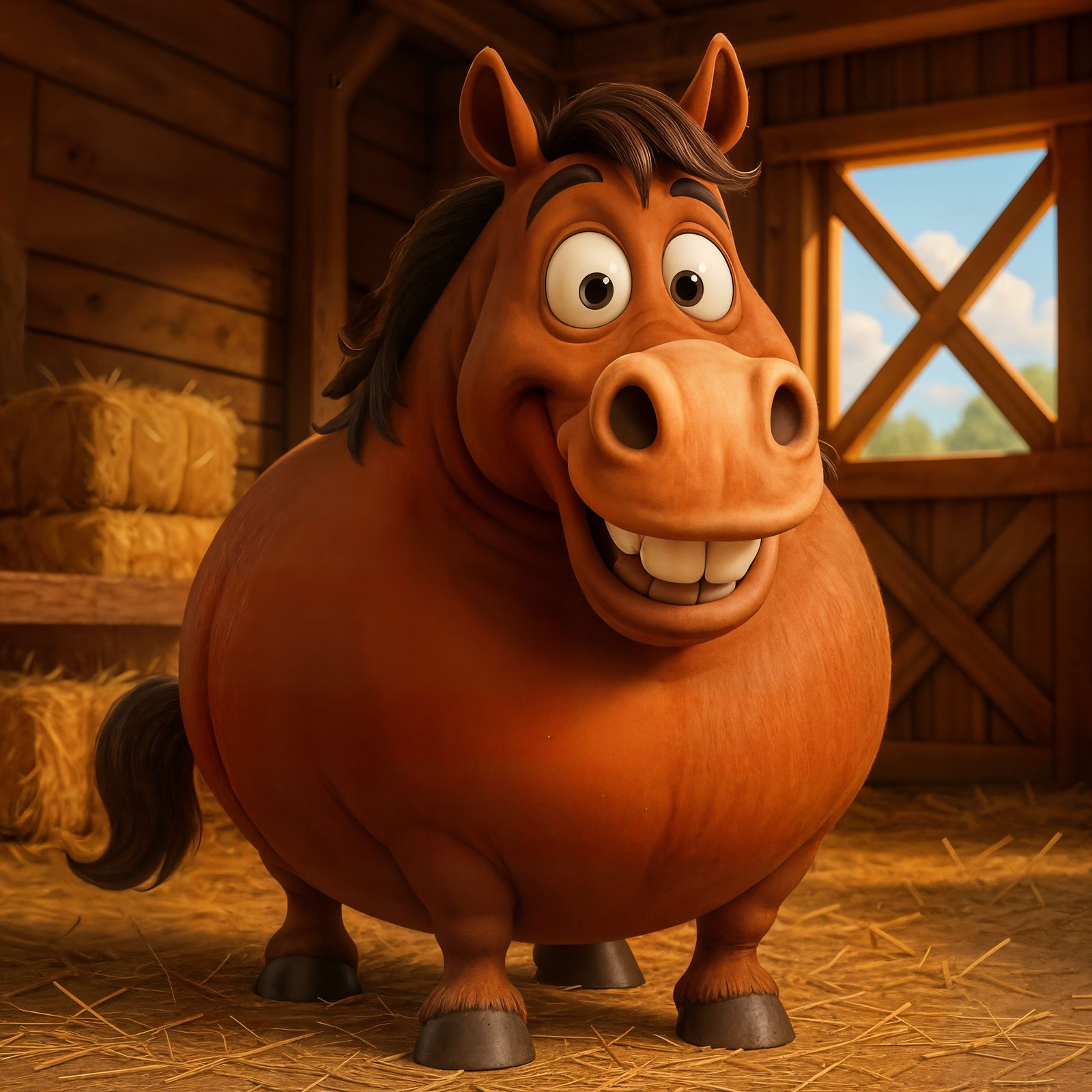 Silly Round Cartoon Horse in Barn