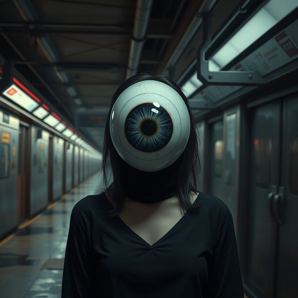 Eerie Woman With Eyeball Mask In Subway