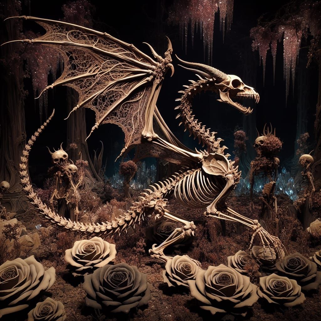 Skeletal Dragon-Cat in Bony Rose Garden