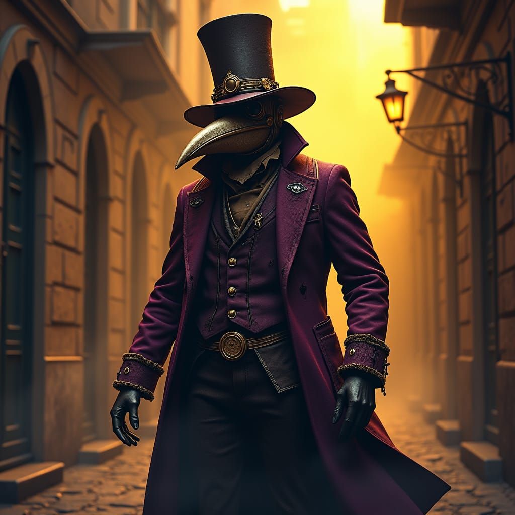 Steampunk Plague Doctor in Dark Fantasy Alleyway