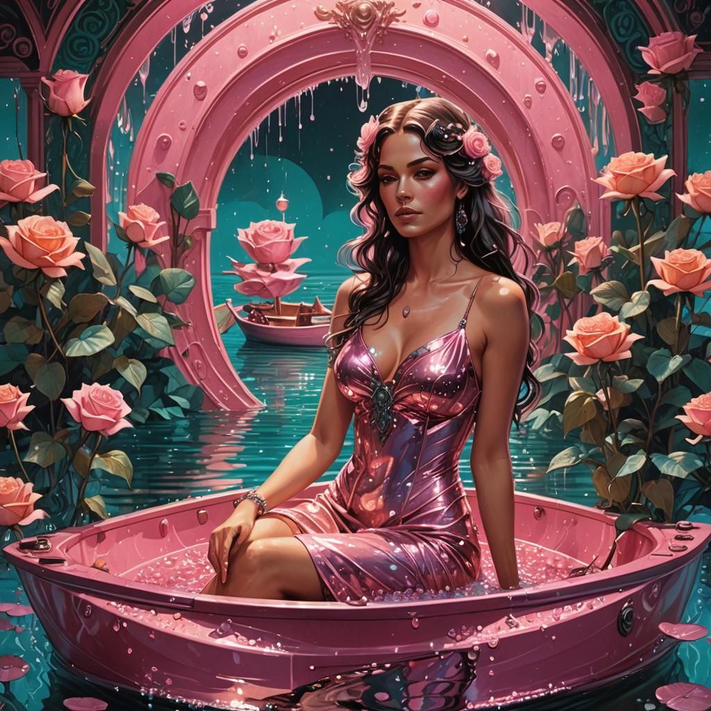 Playboy Model on Pink Boat in Art Nouveau Style