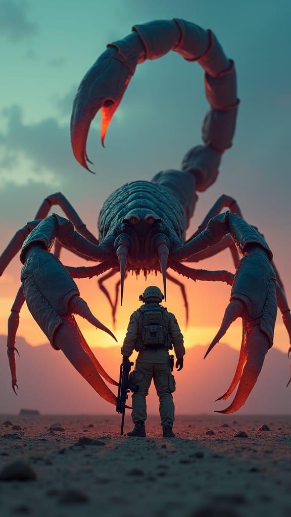 Navy SEAL vs. Giant Scorpion in Desert Dusk