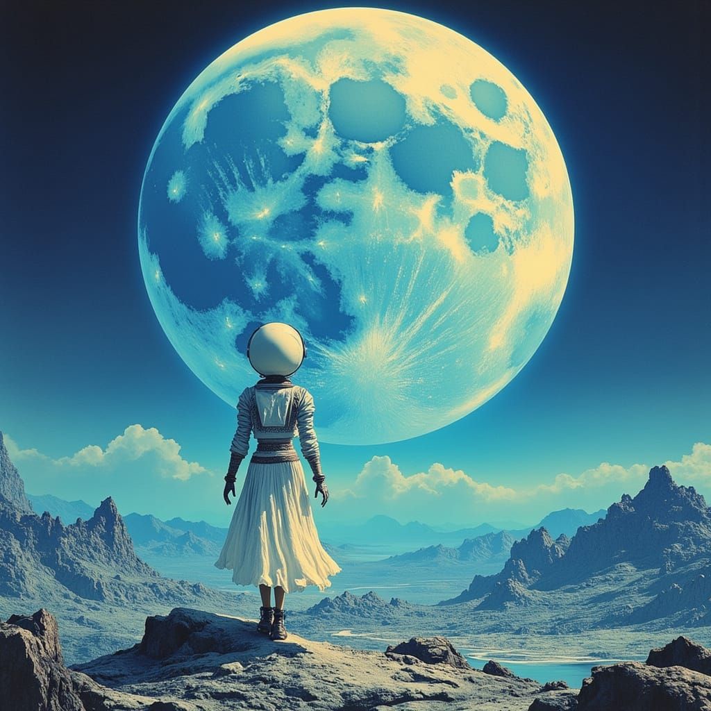 Spectral Girl on Desolate Planet Under Moonlight