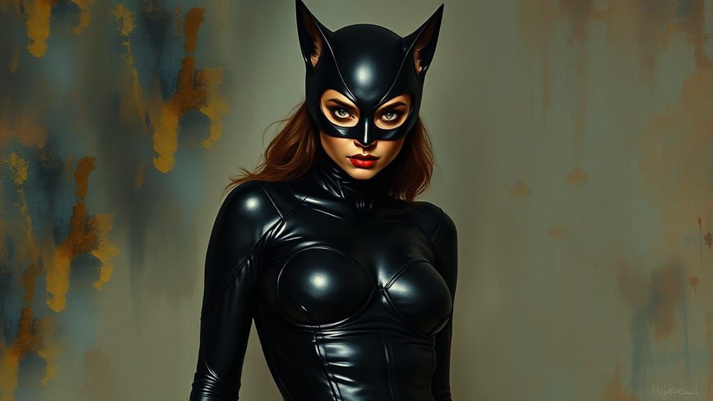 Catwoman in Body Suit: Tonalism Style Oil Painting