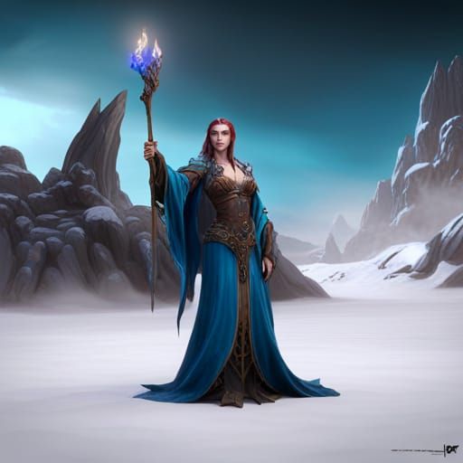 Fantasy Half-Elf Ice Sorceress in Detailed Digital Painting