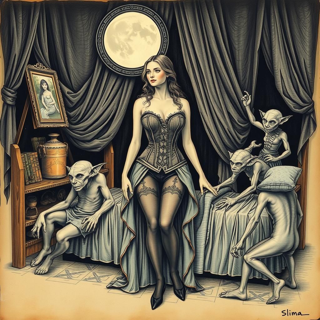 Surreal Victorian Bedroom Scene with Goblins, Renaissance St...