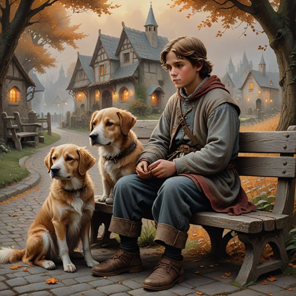 Ethereal Medieval Child and Dog in Fall Mist