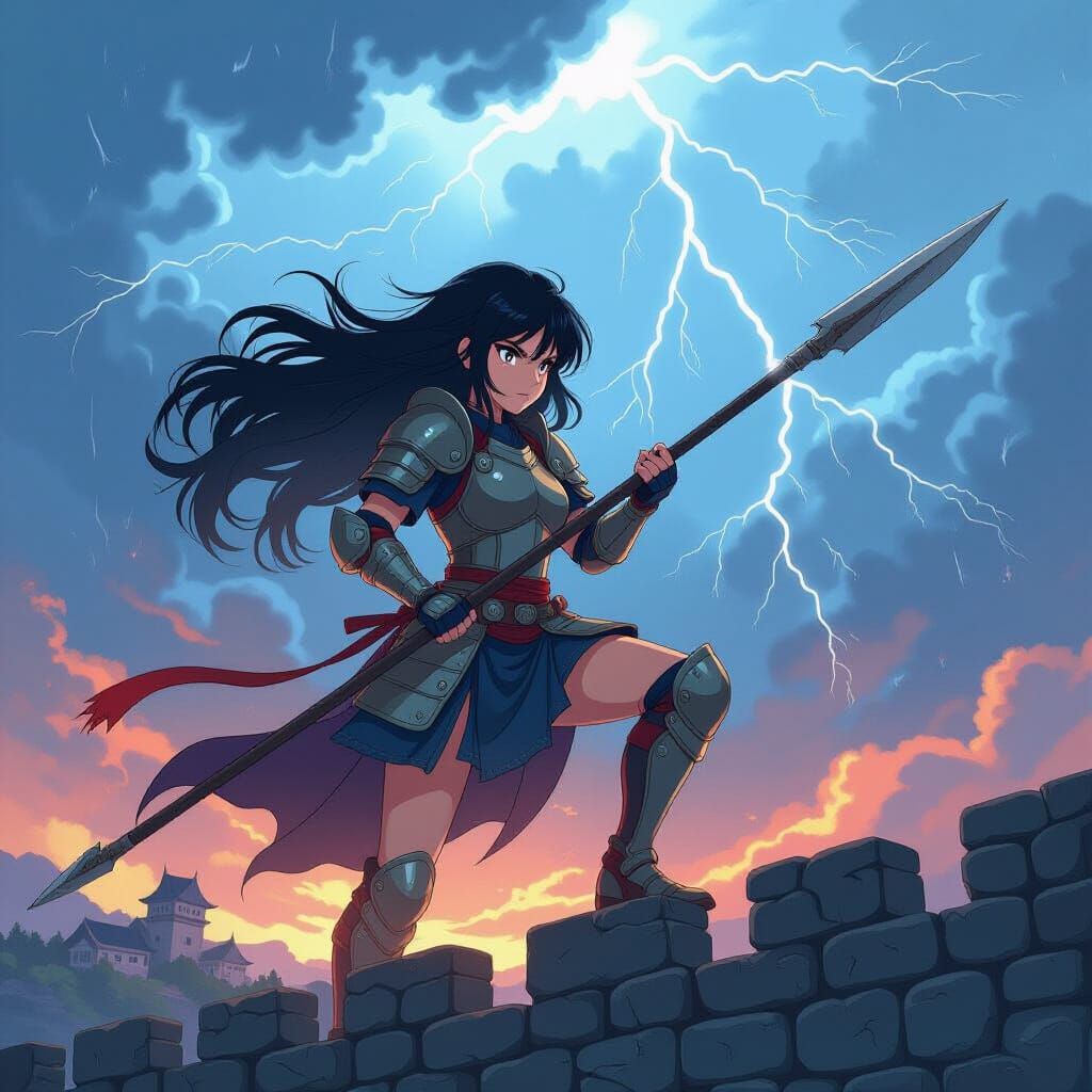 Anime Warrior Girl in Stormy Landscape