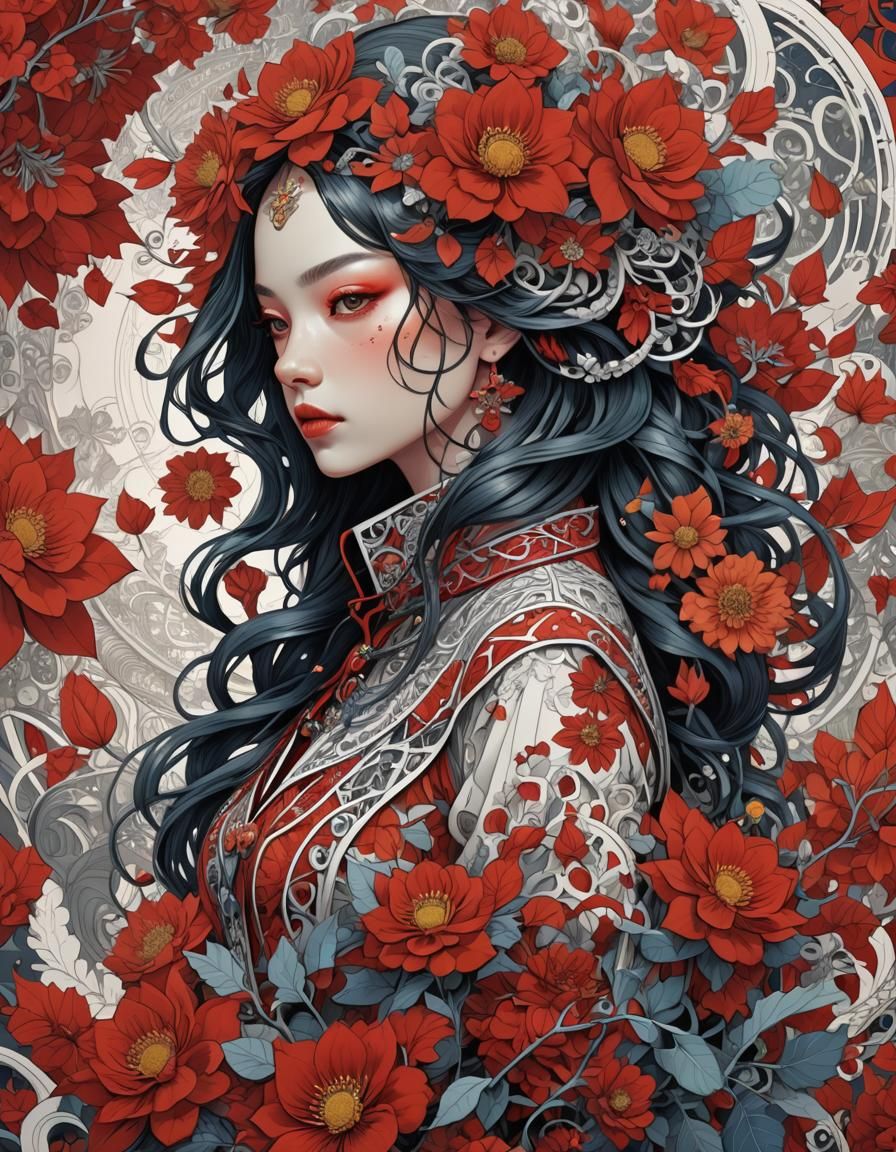 Fractal Art: Girl with Red Flowers in Zentangle