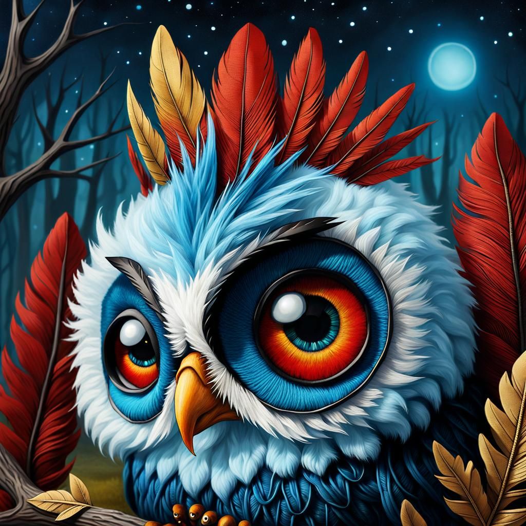 Surreal Googly-Eyed Baby Owl in Gothic-Punk Style