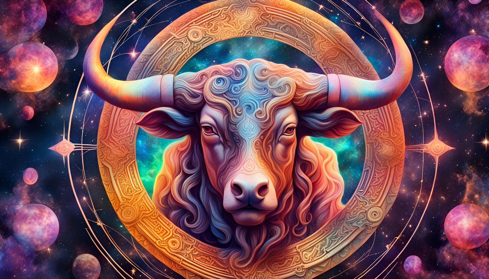 Taurus Holographic Illustration in Astral Cosmic Style