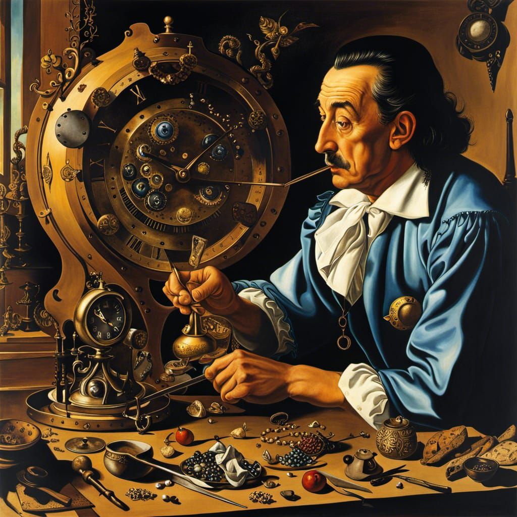 Clockmaker in Hyperrealistic Jewel-Tone Painting