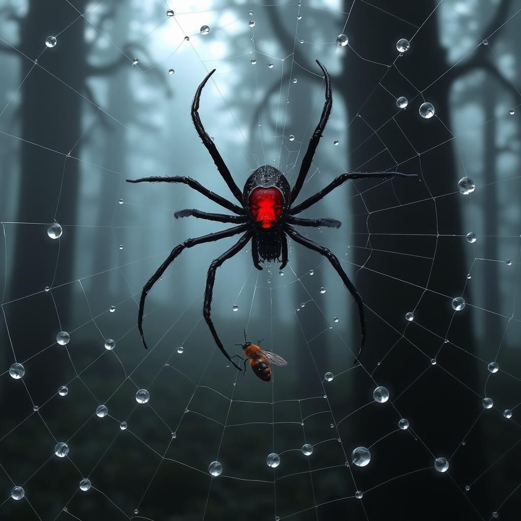 Black Widow Spider Spins Web in Mystical Forest