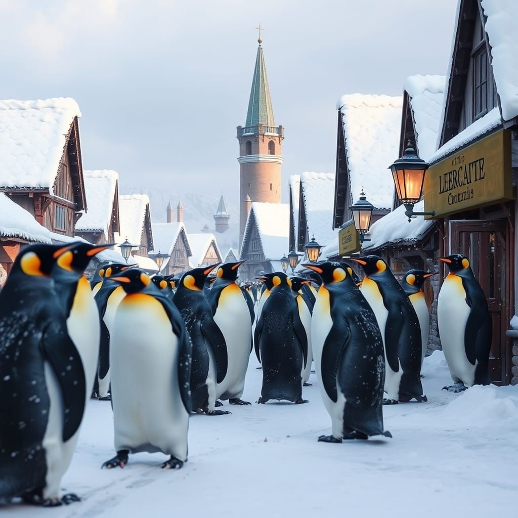 Emperor Penguins Invade Snowy Medieval Village