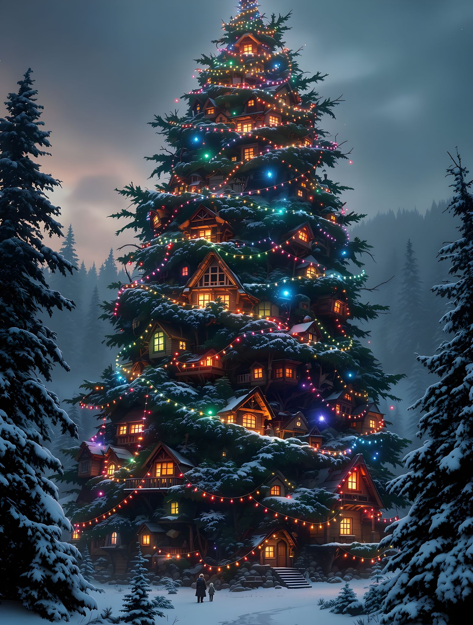 Dark Fantasy Winter City Tree with Recursive Geometry