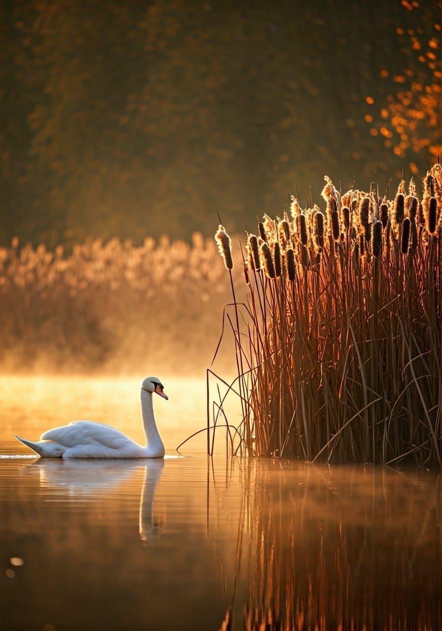 Swan Glides on Misty Lake in Autumn Light