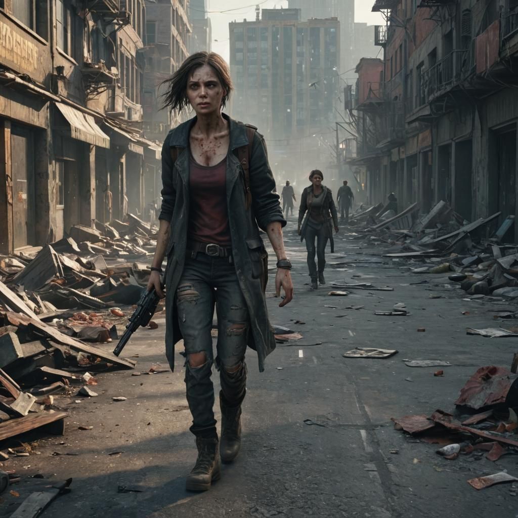 Post-Apocalyptic Woman in Ruined Cityscape