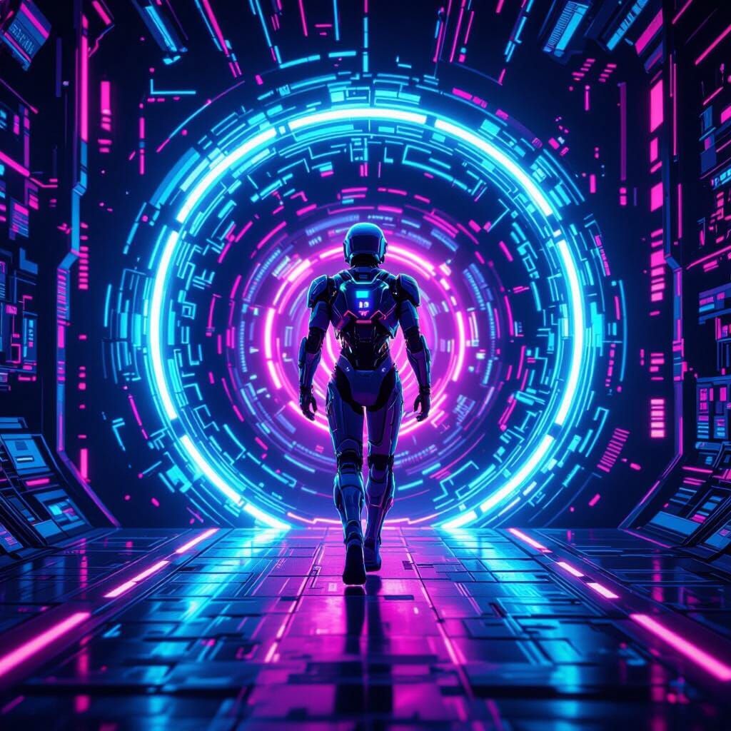 Cyborg Enters Neon Tech Portal in Synthwave Style