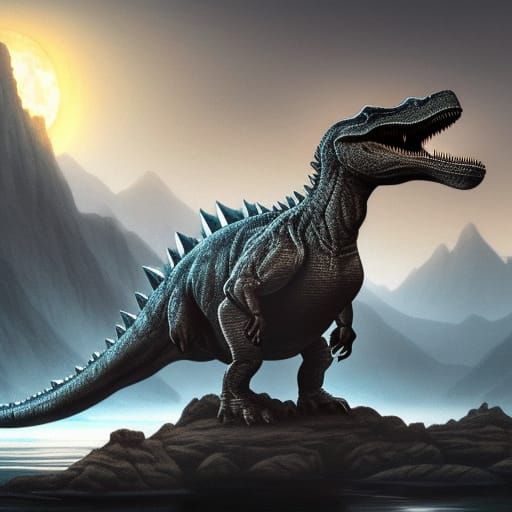 Silver Dinosaur Lake Dawn: Dark Fantasy Concept Art