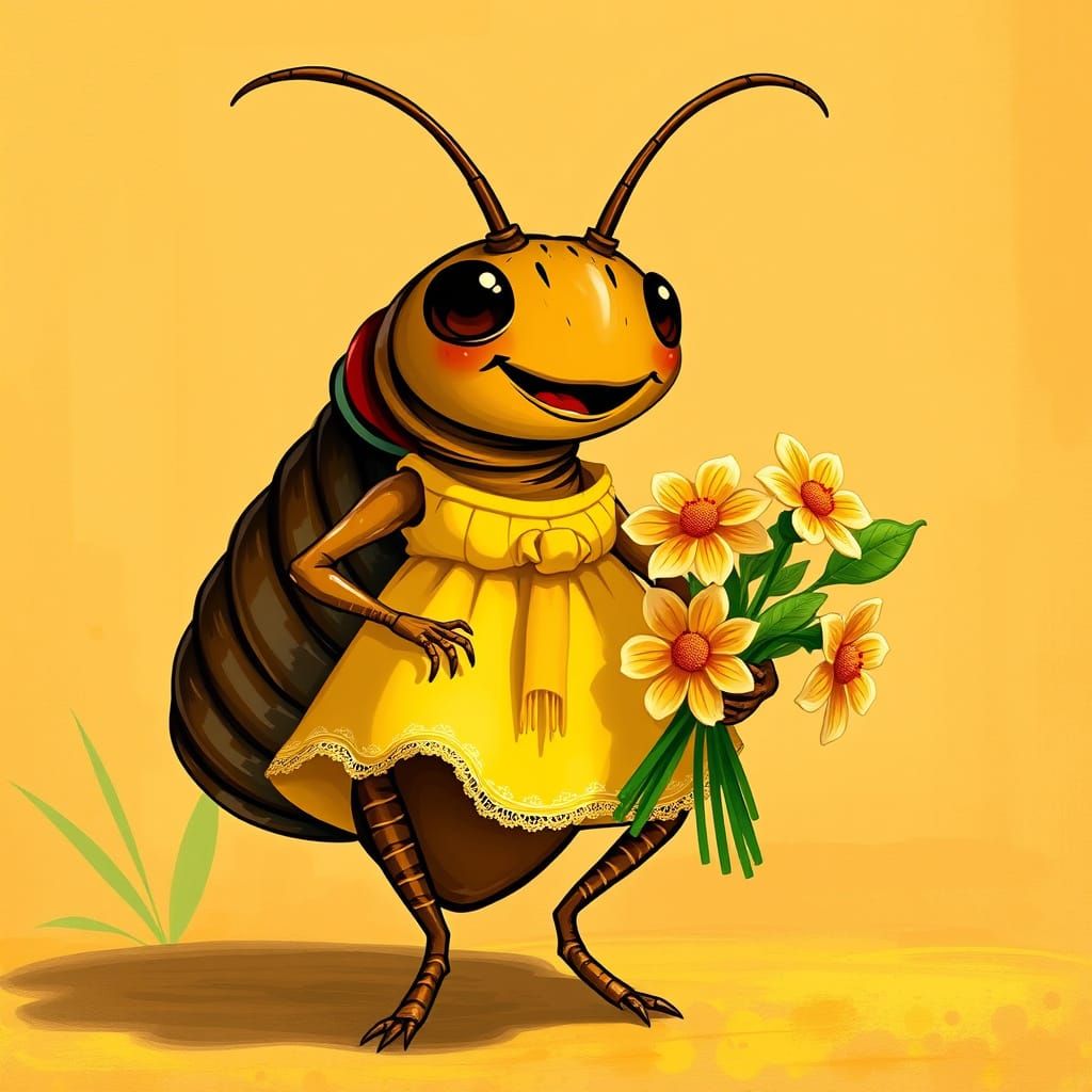 Cheerful Cockroach in Sundress with Flowers
