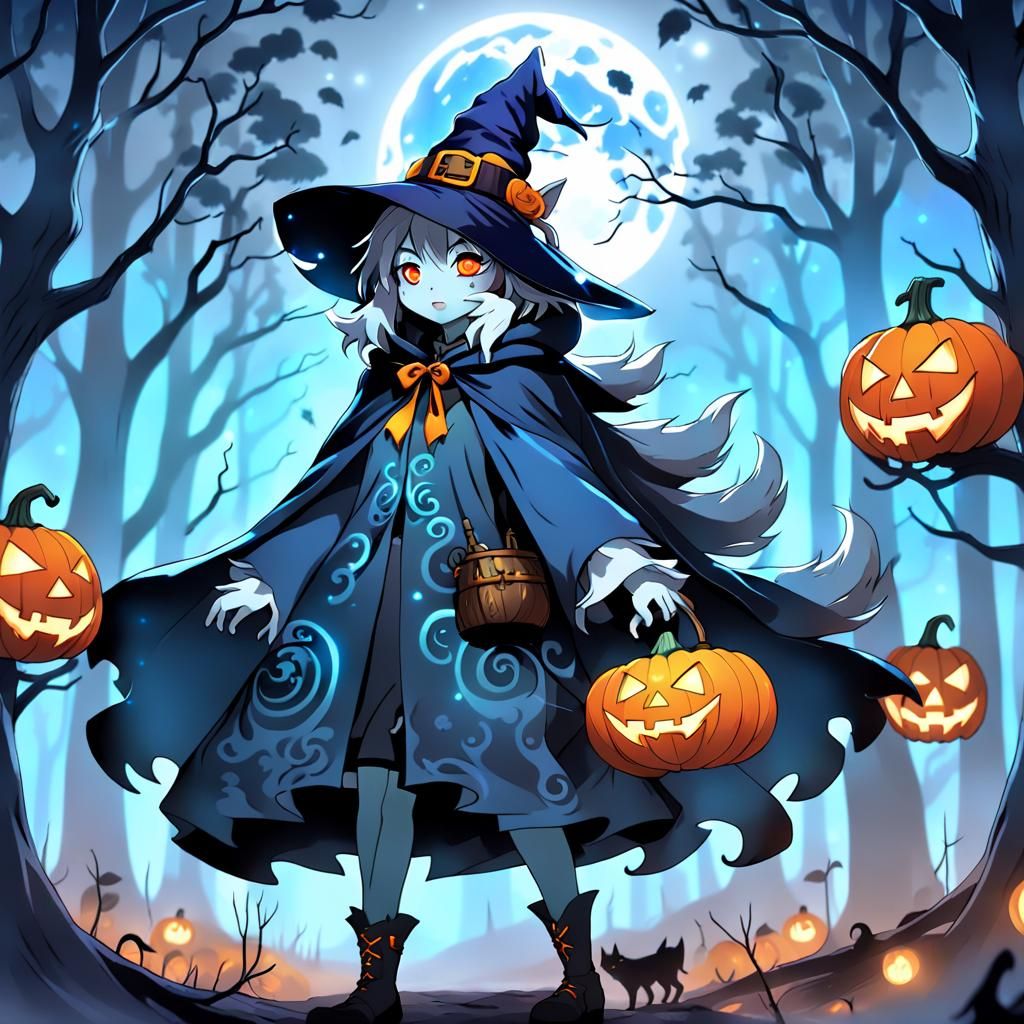 Anime Wolf Girl in Eerie Halloween Forest