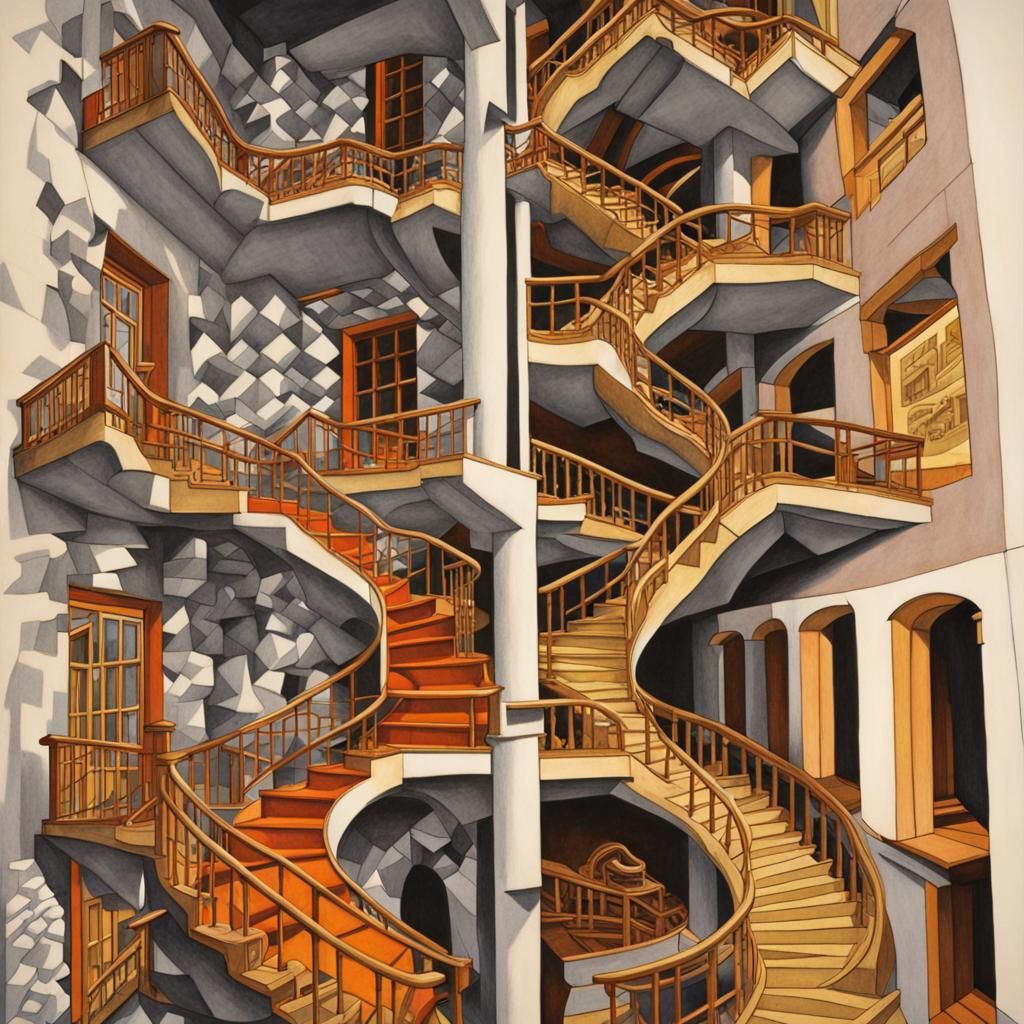 Surreal Staircase Network in Escher Style