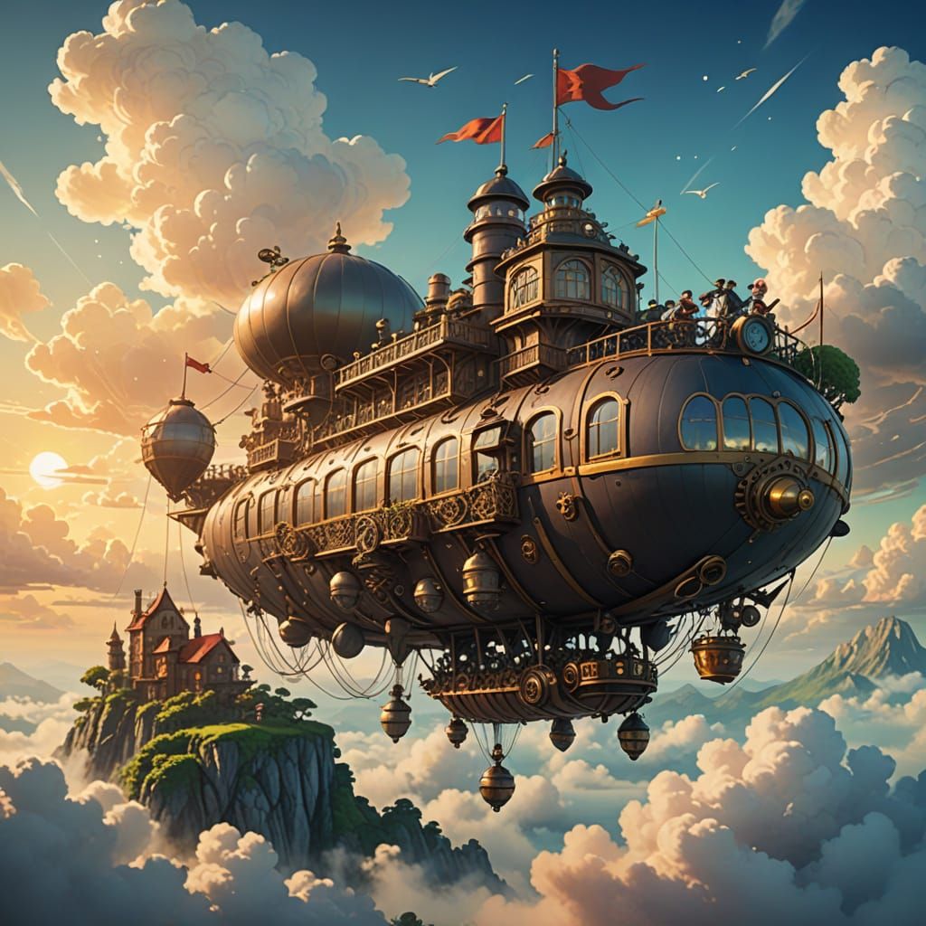 A steampunk airship drifts lazily through a sky filled with ...