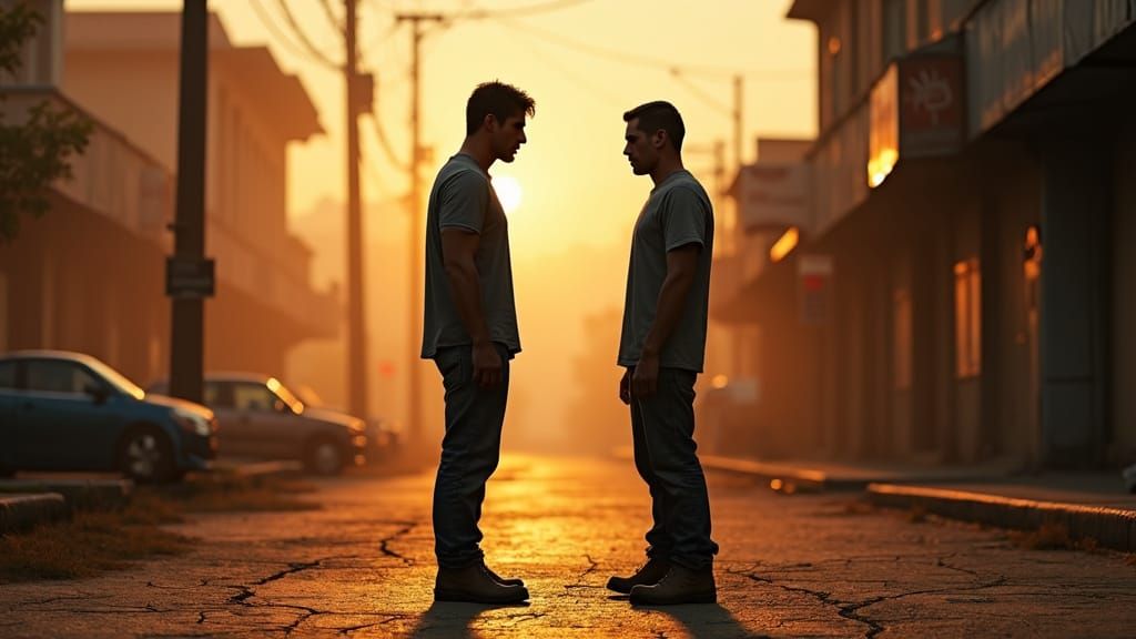 Tense Brothers Standoff in Abandoned City Street at Dusk