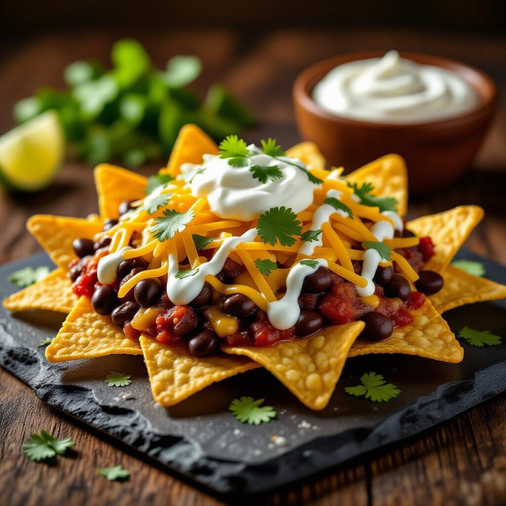 Gourmet Chili Cheese Nachos on Slate Platter