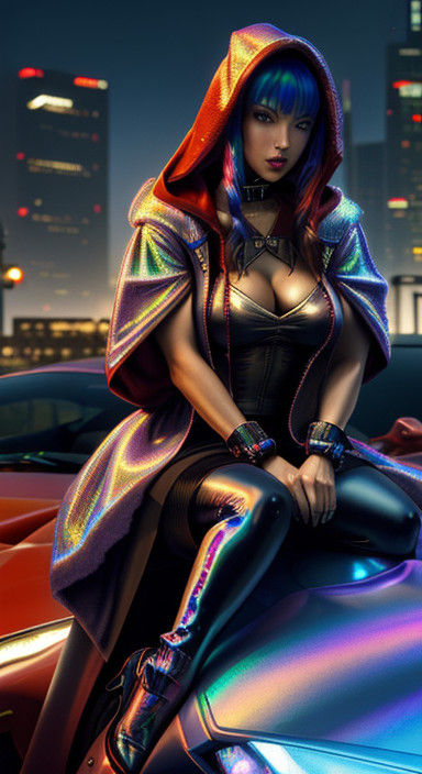 Lady in Cyberpunk Seifuku, Sitting on Ferrari, Downtown LA