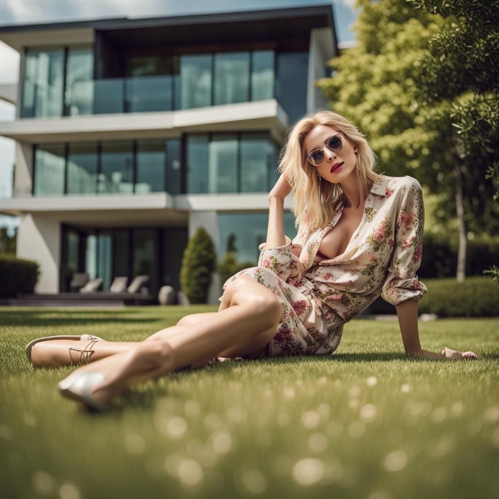 Blonde Woman Relaxes in Summer Clothes: Professional Photo