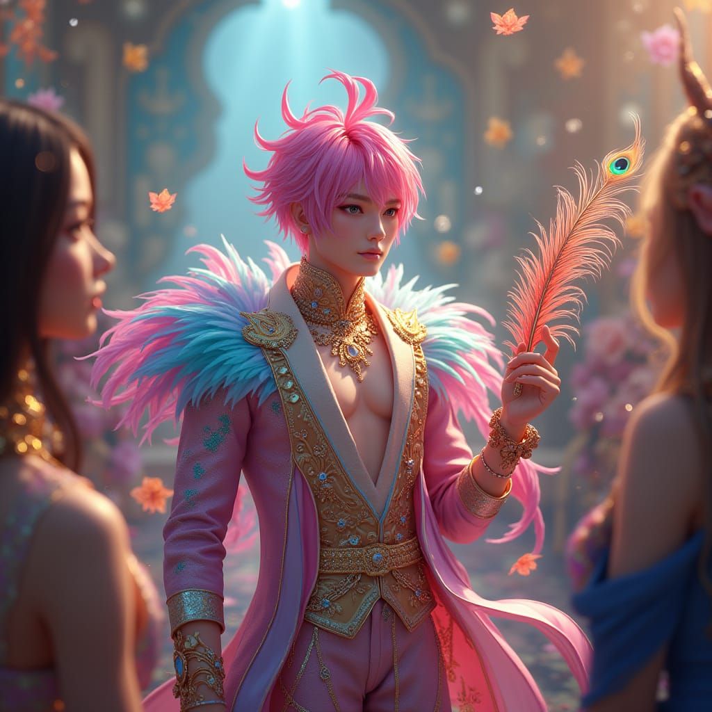 Rainbow Plumed Man in Iridescent Baroque Attire